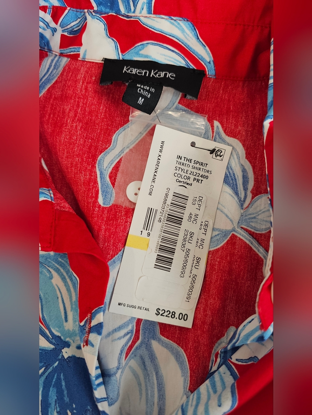 Karen Kane Red Floral Button-Front Puff Sleeve Tiered Midi Dress Women's Sz Med - Picture 3 of 9